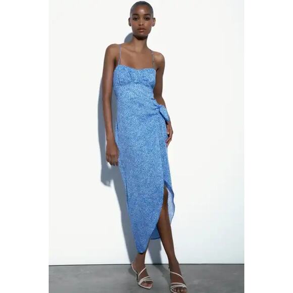 Zara Blue Sleeveless Corset Bustier Knot Slit Cami Tank Sheath Midi Dress Size M - Picture 1 of 5